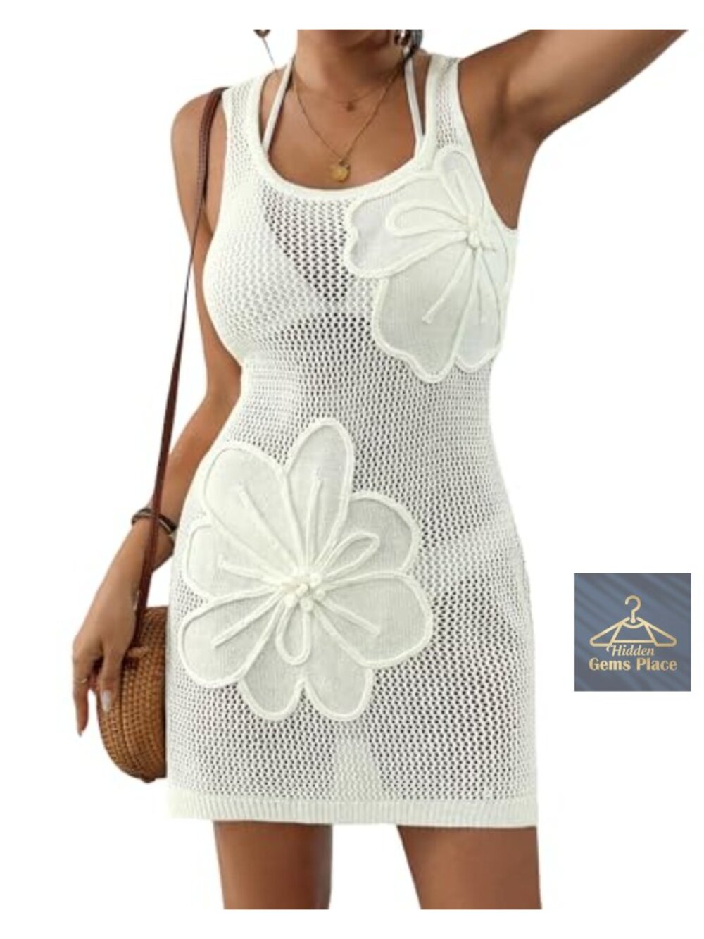 Womens Crochet Swimsuit Coverup 3D Floral Beach Tank Dress
